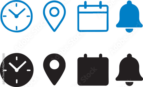 Simple business icons set with clock location calendar and notification bell in blue and black colors vector illustration