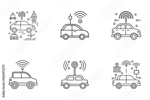 Autonomous car concept icons depicting self driving technology and futuristic transportation with connected systems and artificial intelligence for automated vehicles
