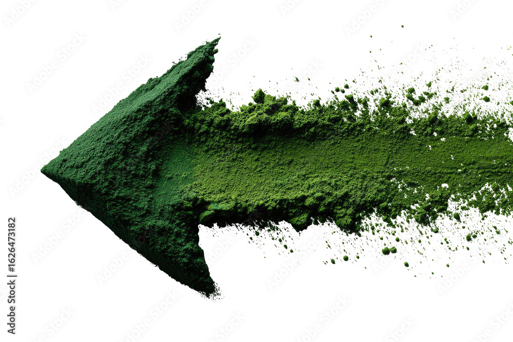 A dynamic, pointed arrow of textured green matter trails outward in a burst effect