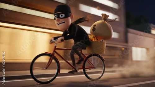 A comical thief rides a bike, escaping with a money bag through the city.