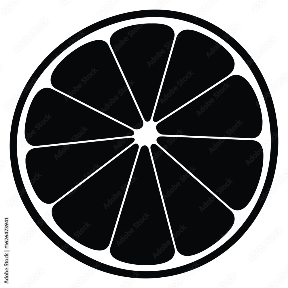 Minimalist black and white citrus fruit slice vector illustration with segments radiating from center for graphic design projects Minimalist black and white citrus fruit slice vector illustration with segments radiating from center for graphic design projects