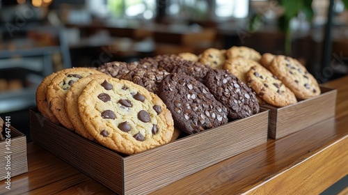 Freshly baked chocolate chip cookies in wooden trays