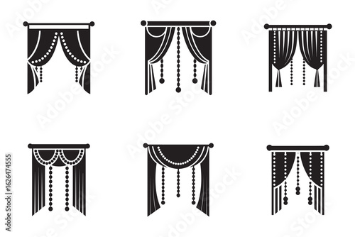 Black and White Elegant Curtains Illustration with Decorative Details for Interior Design and Home Decor Projects six different designs