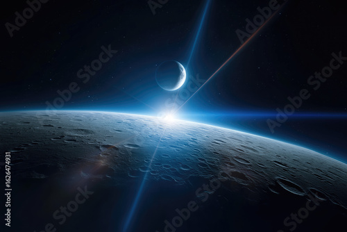 Fototapeta Naklejka Na Ścianę i Meble -  Moon spacecraft approaching the dark limb of crater horizon with blue illuminated glow and subtle lens flare in minimalist atmospheric sci‑fi composition