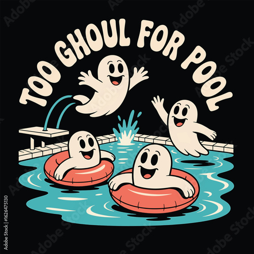 Cute ghosts having fun at the swimming pool on a summer night