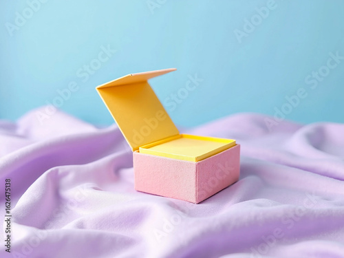 Colorful Sticky Note Pad in Pink Box Office Stationery on Fabric Background
