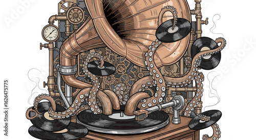 Steampunk Octopus Mechanical Phonograph Music Machine