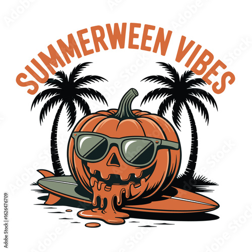 Summerween vibes pumpkin with sunglasses on surfboard with palm trees
