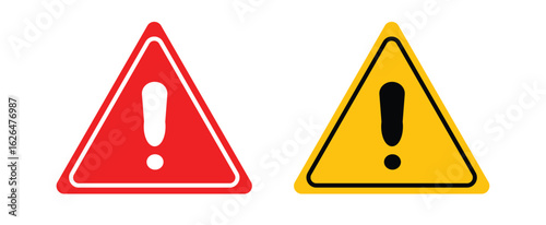 Red and Yellow Triangle Warning Icons with Exclamation Marks – Alert Sign Vector Set. warning danger icon. Caution alert set, triangle warn sign .

