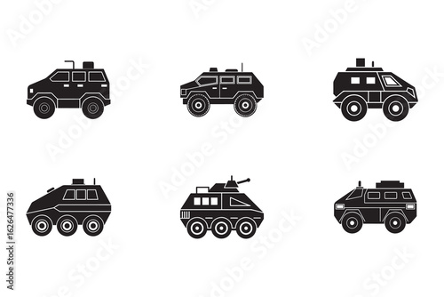 Collection of Armored Military Vehicles in Silhouette Vector Art Armored Personnel Carriers and Light Tanks for Defense and Security Applications