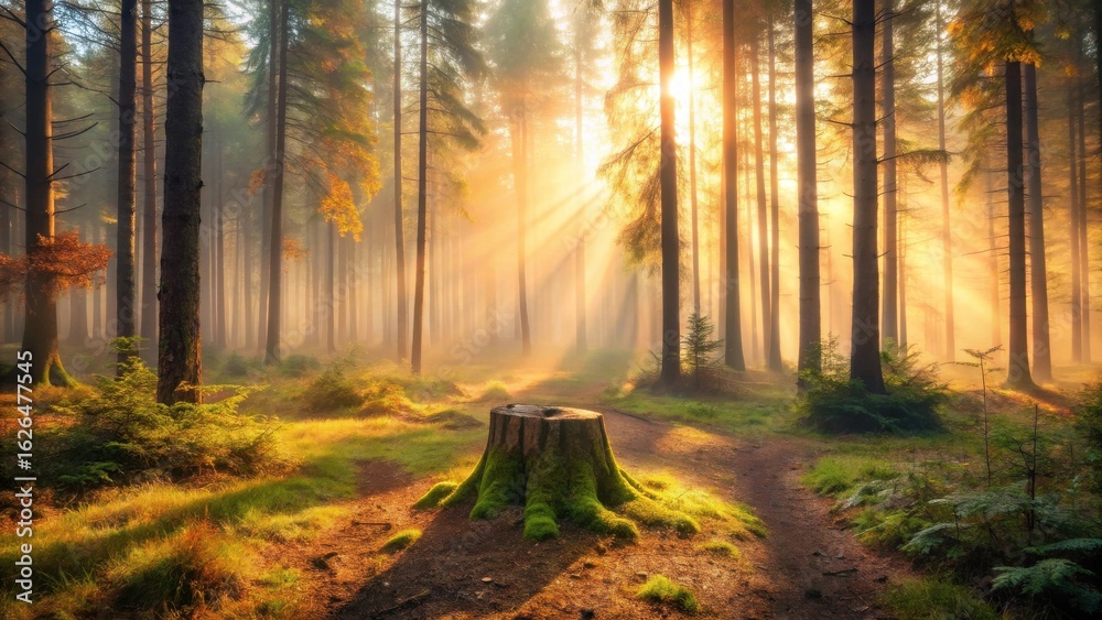Fototapeta premium Golden Sunlight Illuminates a Mossy Tree Stump in a Misty Forest Path