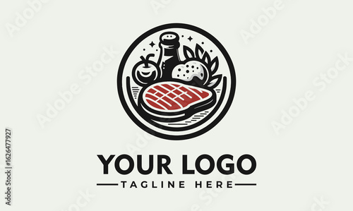 Steakhouse logo design featuring a grilled steak, bottle, tomato, and herbs within a circular frame.