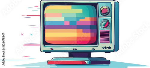 Retro Computer Monitor Displaying Glitch Aesthetic Visuals and Static