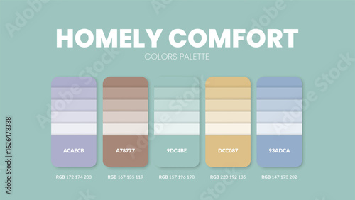 Color palette guide in Homely comfort colour theme collections. Color inspiration or chart with codes template. Color combination RGB. Colors swatches for graphic design, art, fashion, web, painting.