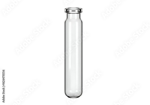 Empty clear glass vial with a cap.