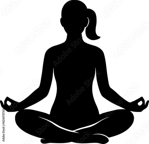 Silhouette vector of a woman meditating in lotus pose with Gyan mudra, peaceful yoga posture for mindfulness, mental wellness, balance, and calmness, black and white spiritual concept