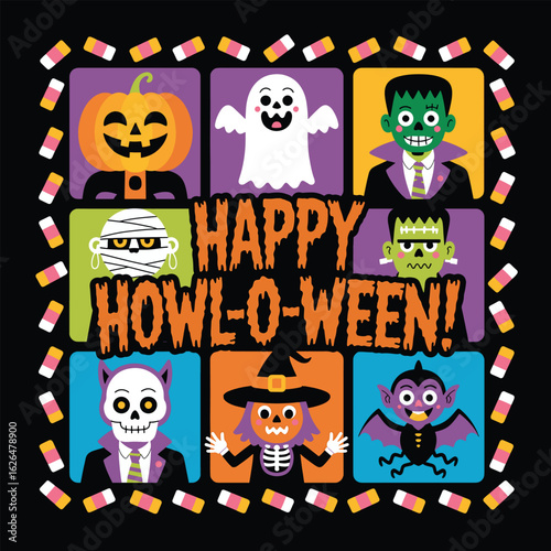 Happy howl o ween with classic monsters and candy corn border