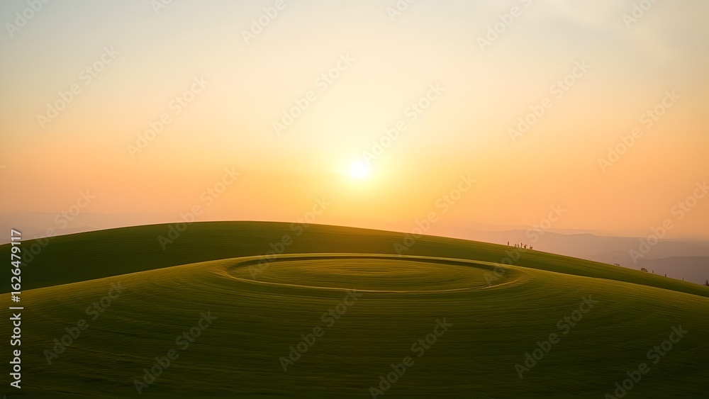 Fototapeta premium Sunset and sunrise over a rural field with road and cloudy sky in the background