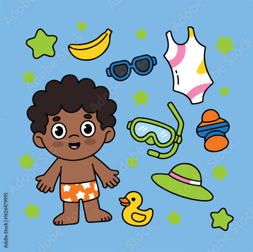 A set of funny vector cartoon characters of a boy, a girl, and a baby animal bear having fun in the summer with some cloud illustrations