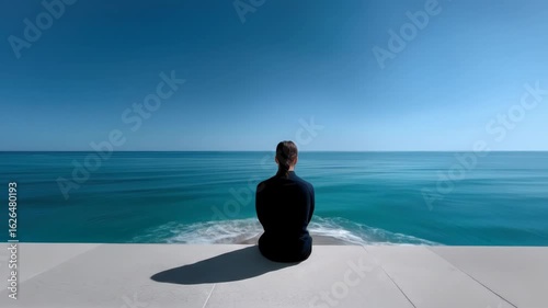 Person sits on a platform overlooking a tranquil beach