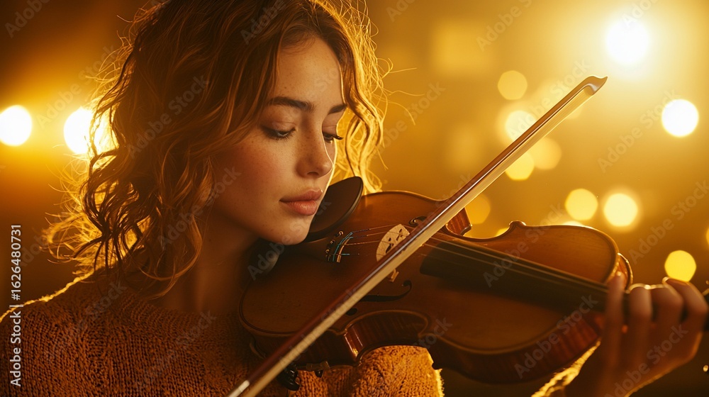 Fototapeta premium Woman playing violin in warm light