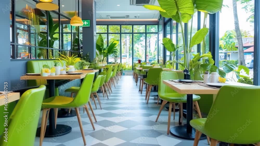 Modern restaurant interior with green chair, large window, natural ...