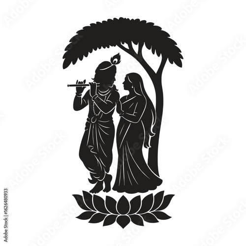 Radha Krishna Janmashtami Festival Silhouette with Sacred Tree and Lotus Vector Illustration