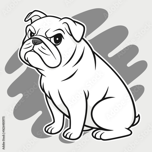 Monochrome cartoon of an English bulldog sitting with its typical wrinkles in the background