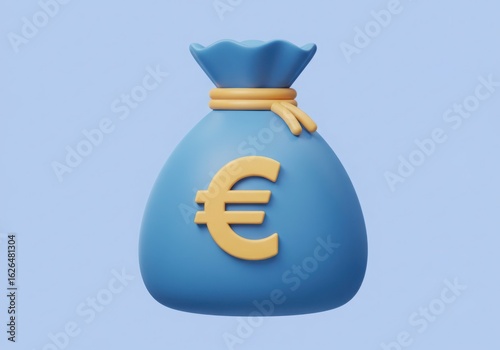 Blue money bag with euro symbol on light blue background