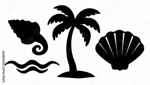 Black silhouette of a palm tree, seashell, conch shell, and waves on a white background illustration