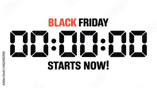Vector Illustration of Midnight Clock with ‘Black Friday Starts Now’ Text, Symbolizing Sale Kickoff
