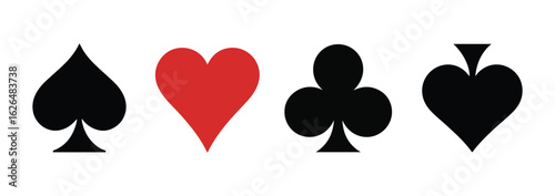 Four card suits displayed in a row on a white background showing spades hearts clubs and diamonds symbols