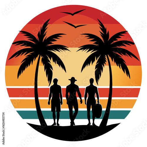Premium Horizon Sunset Scene with Silhouetted Palms and Birds in Faded Retro Palette
