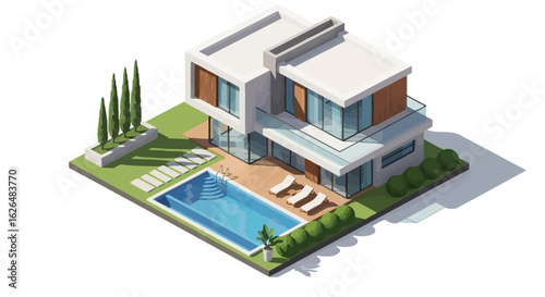 Isometric view of a modern two-story house with a swimming pool and landscaping.