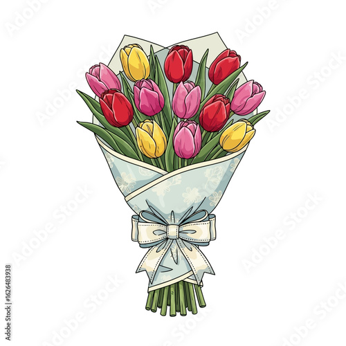 A colorful bouquet of tulips wrapped in paper, tied with a bow.