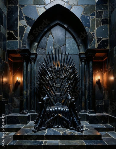 A dark, gothic throne room features an imposing iron throne surrounded by stone pillars and walls, illuminated by candlelight