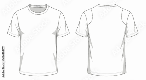 Illustration showing a white t-shirt from the front and back, isolated on a white background.