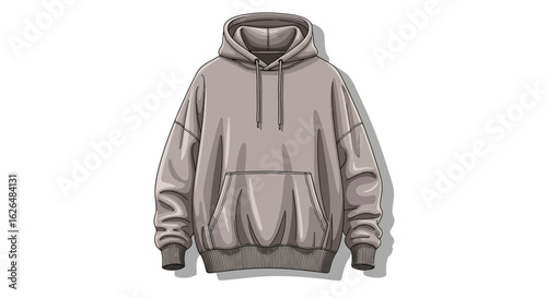 Illustration of a grey hoodie with a kangaroo pocket and drawstrings, isolated on a white background.