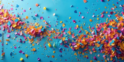 A vibrant explosion of colorful confetti pieces scattered across a bright blue background, celebrating a joyous occasion with a burst of festive cheer