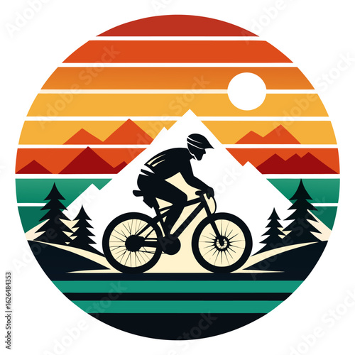 Mountain Biker Over Rugged Path with Geometric Sunset and Minimal Terrain Elements