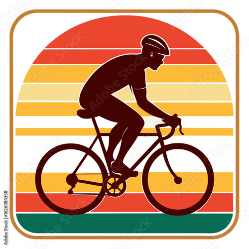 Cyclist Uphill with Sunburst Stripes in Retro Badge of Orange, Red, and Yellow