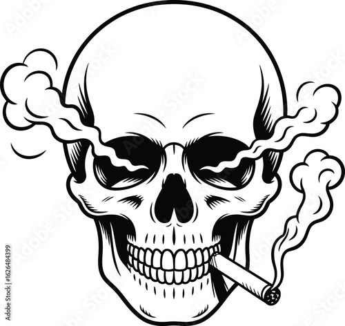 A black and white illustration of a skull smoking a cigarette with smoke coming out of its eye sockets