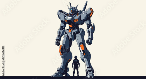 Cybernetic Vanguard: A towering robot stands in stark contrast to a solitary human, conveying a sense of both awe and the scale of technological advancement and its influence on humankind.