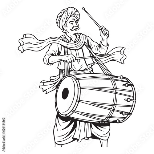 Man playing dhol with stick in traditional attire drawing colouring page