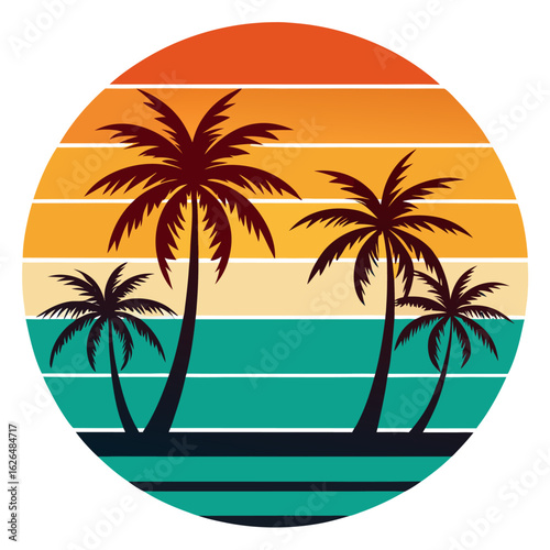 Wallpaper Mural Tropical Beach Silhouettes Over Flat Horizontal Sunset in Retro Tones Torontodigital.ca