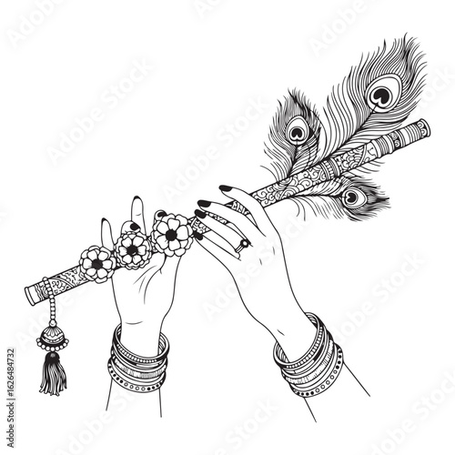 Hands playing decorated flute with peacock feathers design colouring page