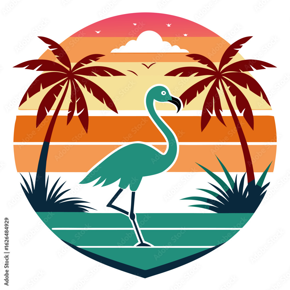 Naklejka premium Tropical Flamingo and Palms in Retro Sunset Scene with Classic Badge Design