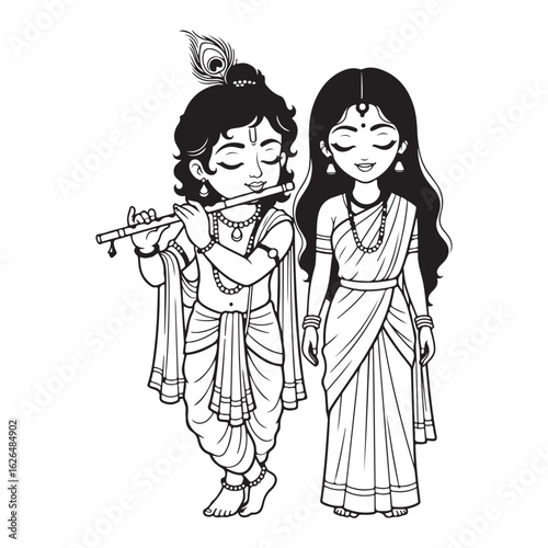 Krishna playing flute with radha standing next to him art colouring page
