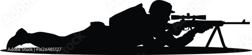 Silhouette of Sniper Lying Down with Rifle Aiming