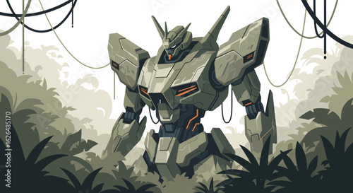 Mech Warrior Amidst the Jungle: A formidable battle mech, constructed with intricate detail, stands resolute amidst a lush, verdant jungle.